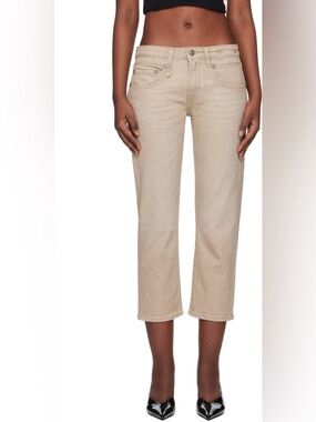R13 Boy Straight Cropped Capri Jeans in Sand Stretch Khaki Tan Women’s 31 $545
